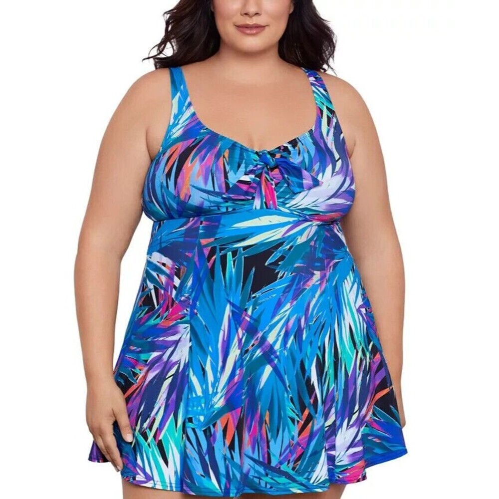 Swim Solutions women's Plus Size Abstract-Print Bow-Front Swim Dress Multi 18W